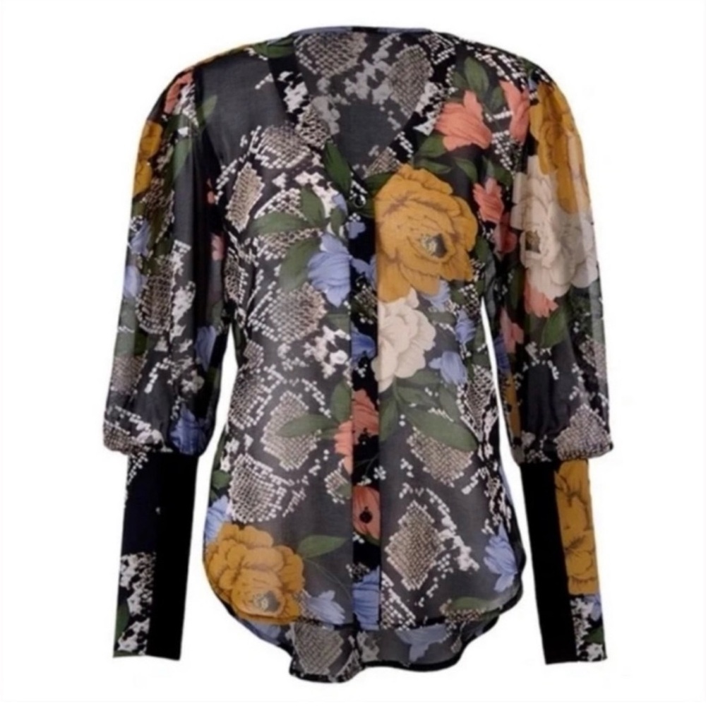 Cabi Snake Charmer Blouse #3762 Semi Sheer Floral Python Mesh Cuff Puff Sleeve M